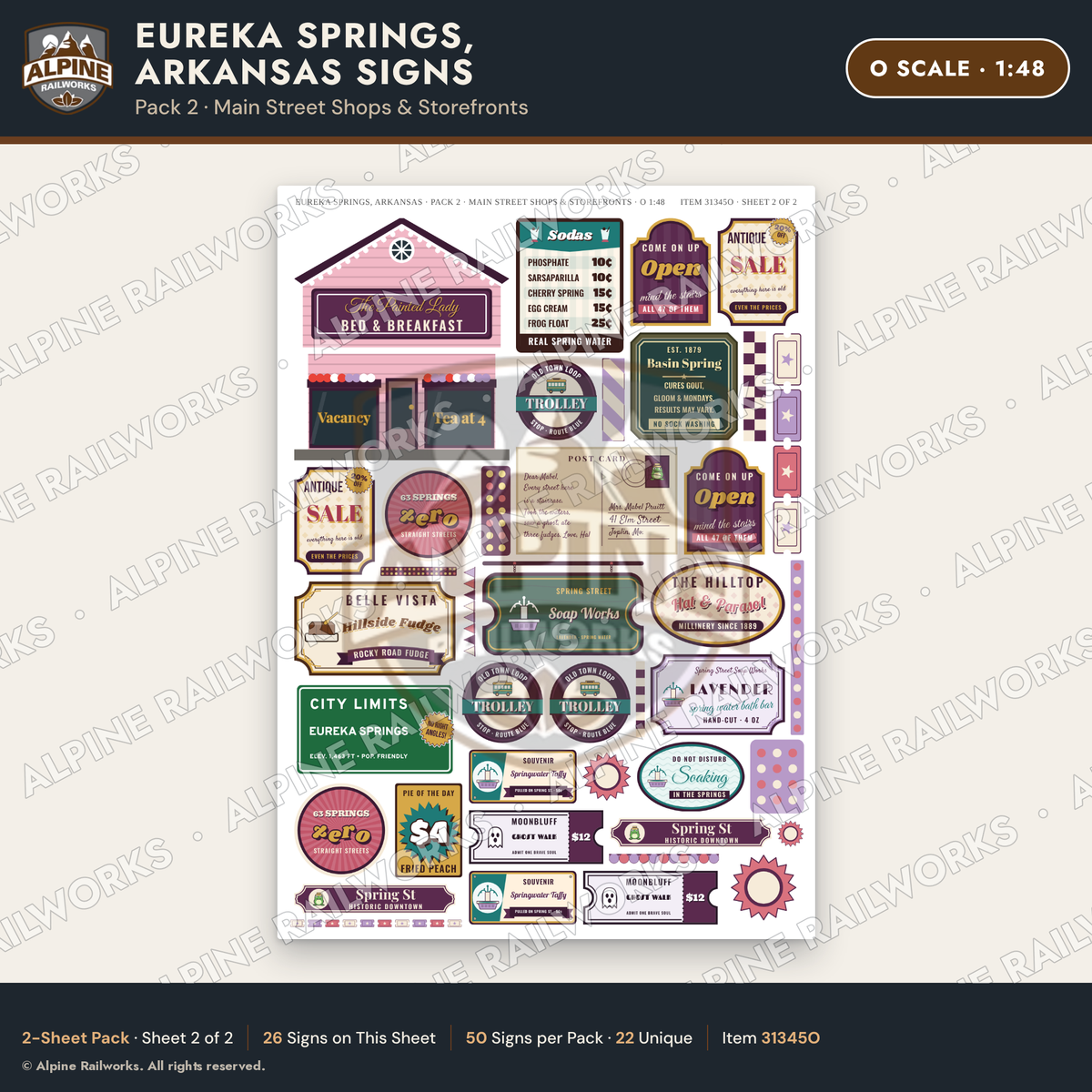 Alpine Railworks 31345O O Scale Eureka Springs Signs - Shops