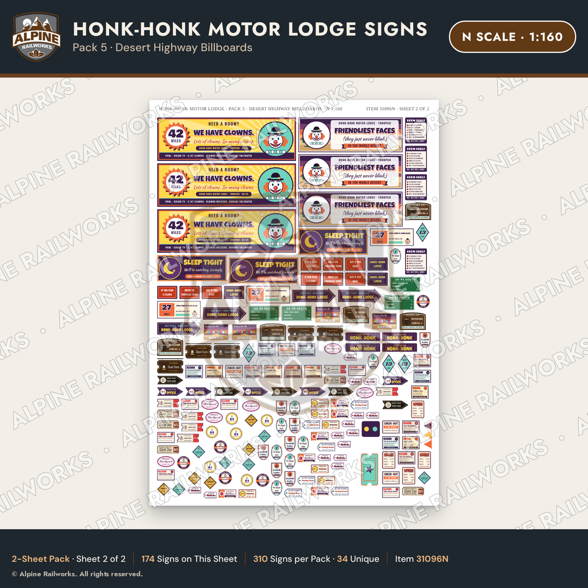 Alpine Railworks 31096N N Scale Roadside Signs - Clown Motel