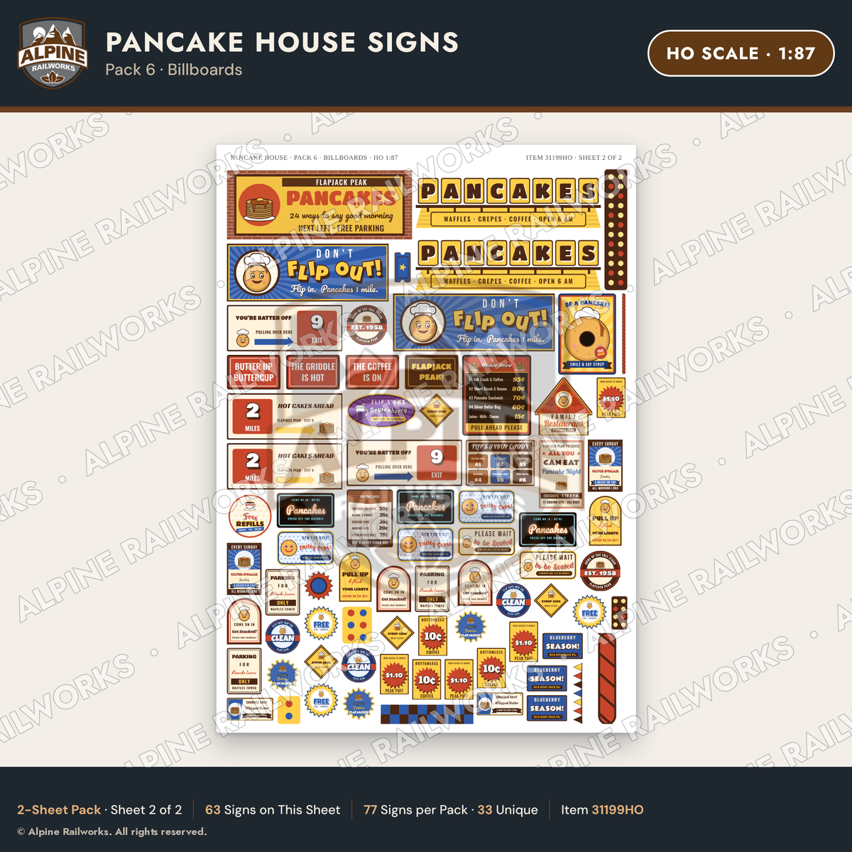 Alpine Railworks 31199HO HO Scale Pancake House Signs - Billboards