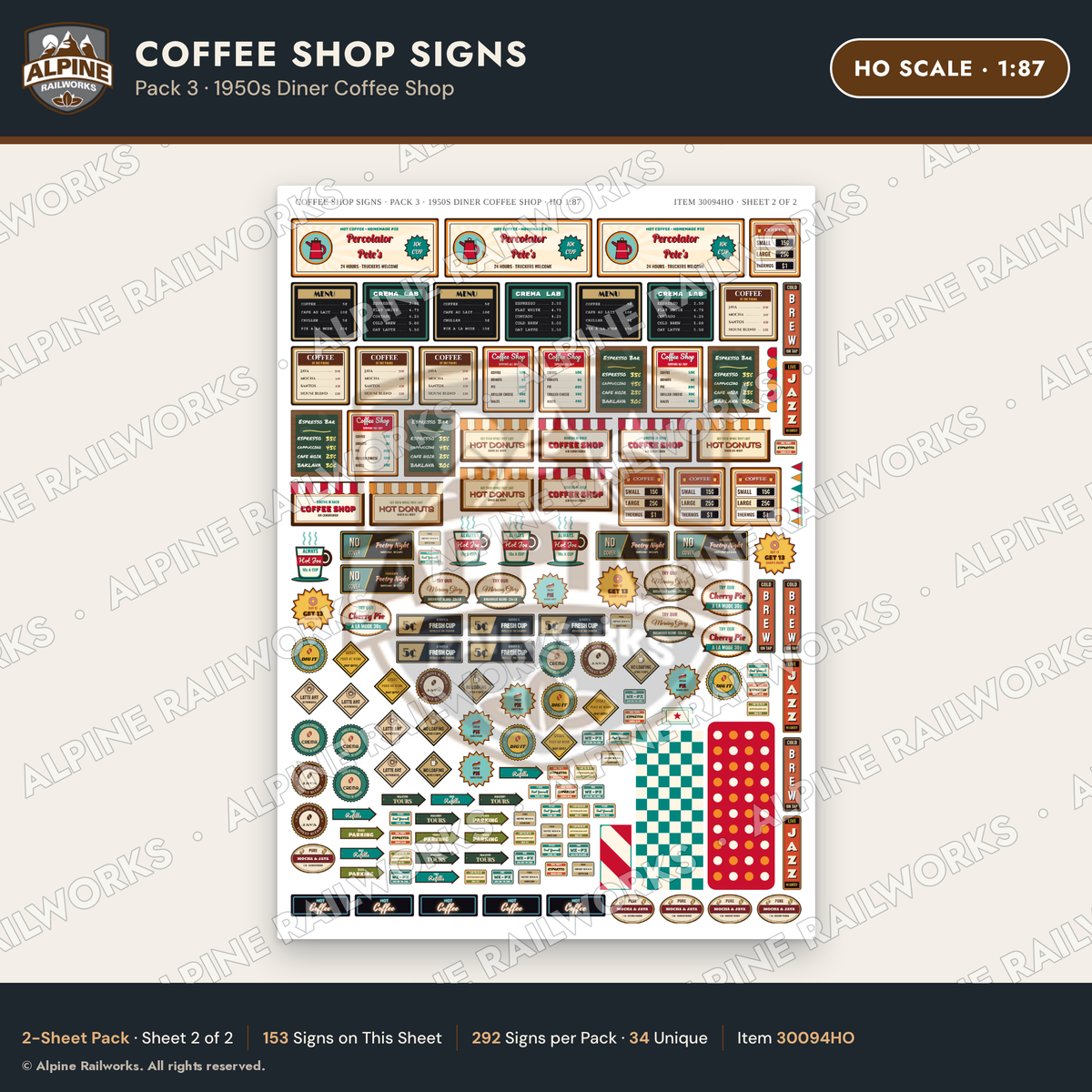 Alpine Railworks 30094HO HO Scale Coffee Shop Signs