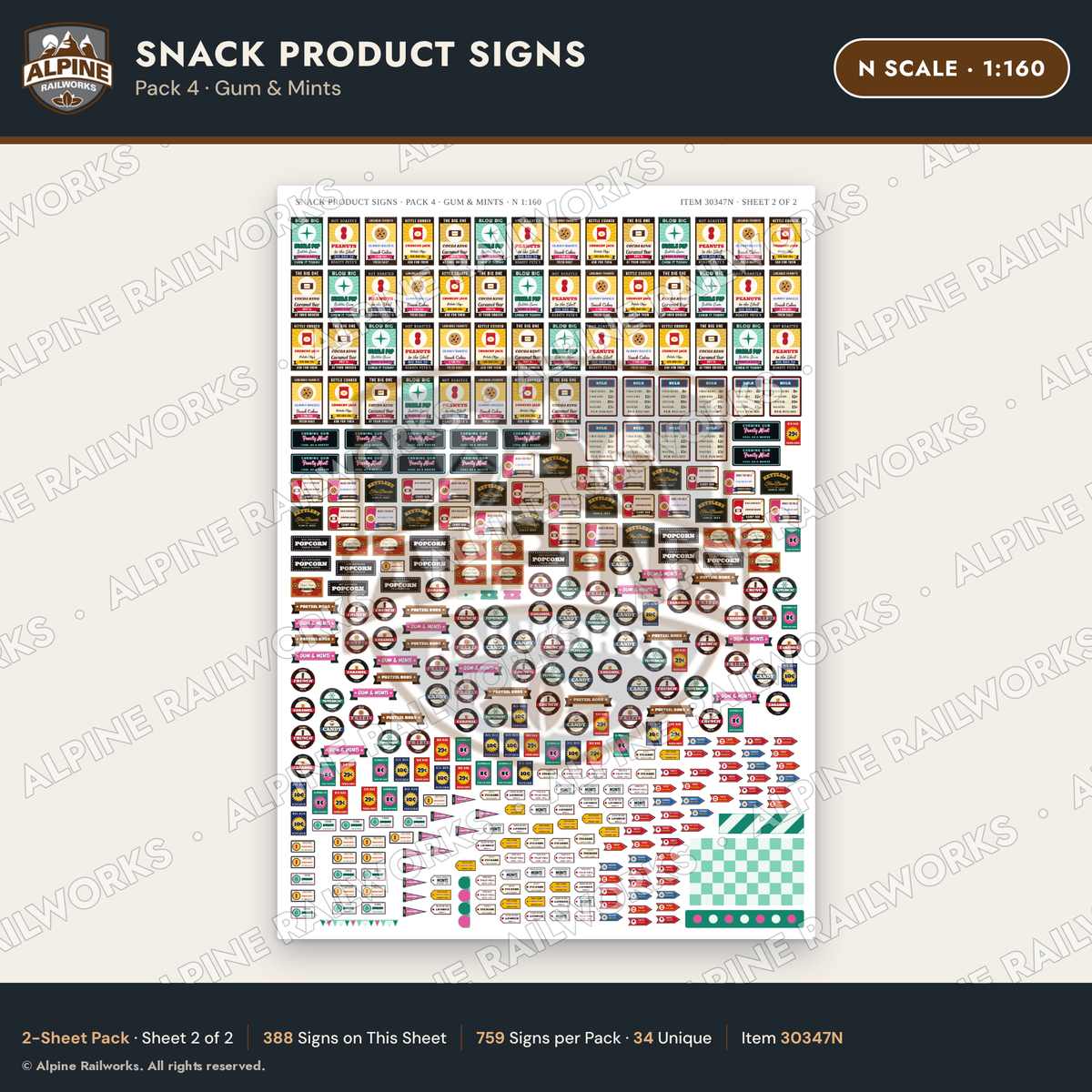Alpine Railworks 30347N N Scale Snack Product Signs - Gum & Mints