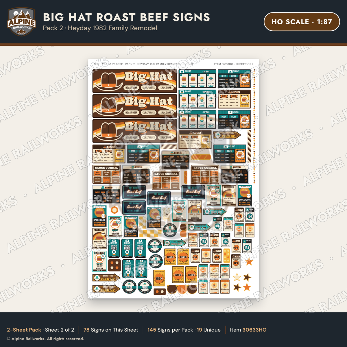 Alpine Railworks 30633HO HO Scale Fast Food Signs - Western Roast Beef
