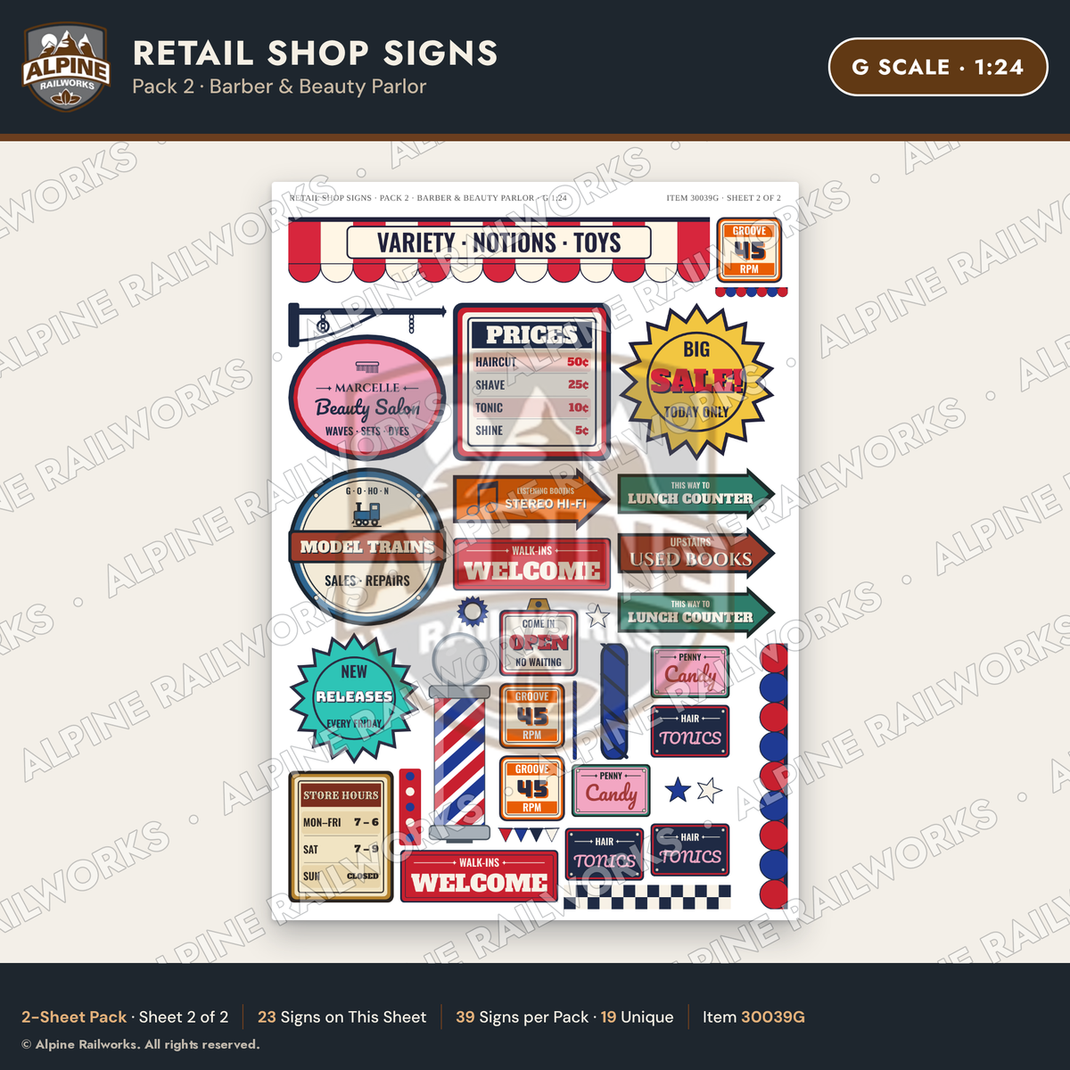 Alpine Railworks 30039G G Scale Retail Shop Signs - Barber