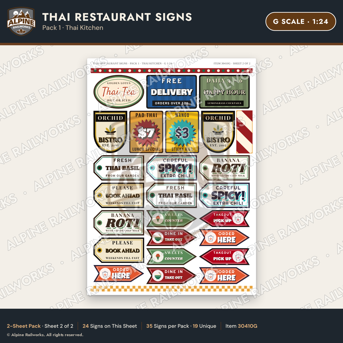 Alpine Railworks 30410G G Scale Thai Restaurant Signs - Thai Kitchen