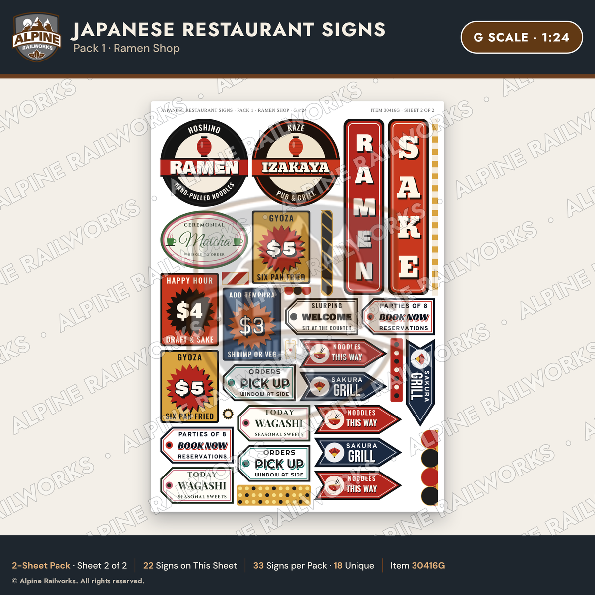 Alpine Railworks 30416G G Scale Japanese Restaurant Signs - Ramen Shop
