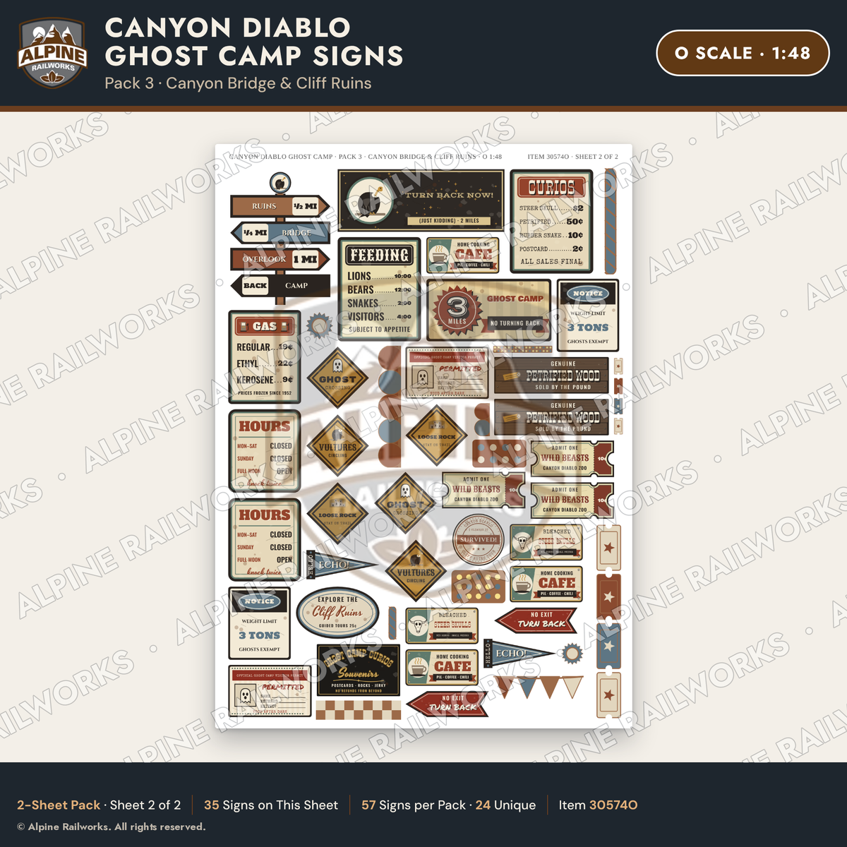 Alpine Railworks 30574O O Scale Roadside Signs - Desert Ghost Town