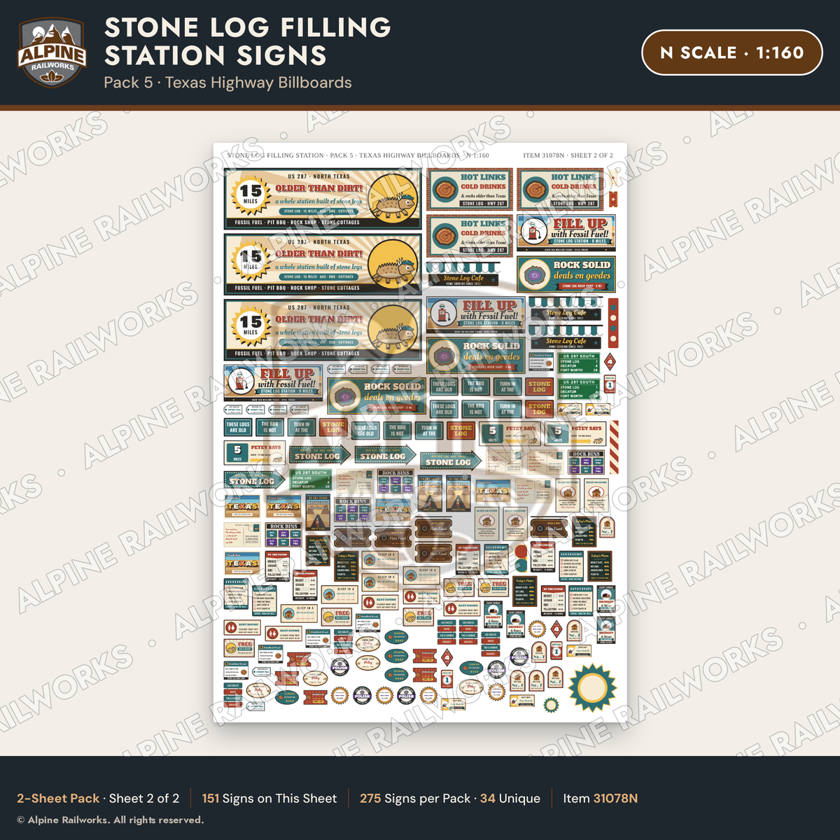 Alpine Railworks 31078N N Scale Roadside Signs - Petrified Wood
