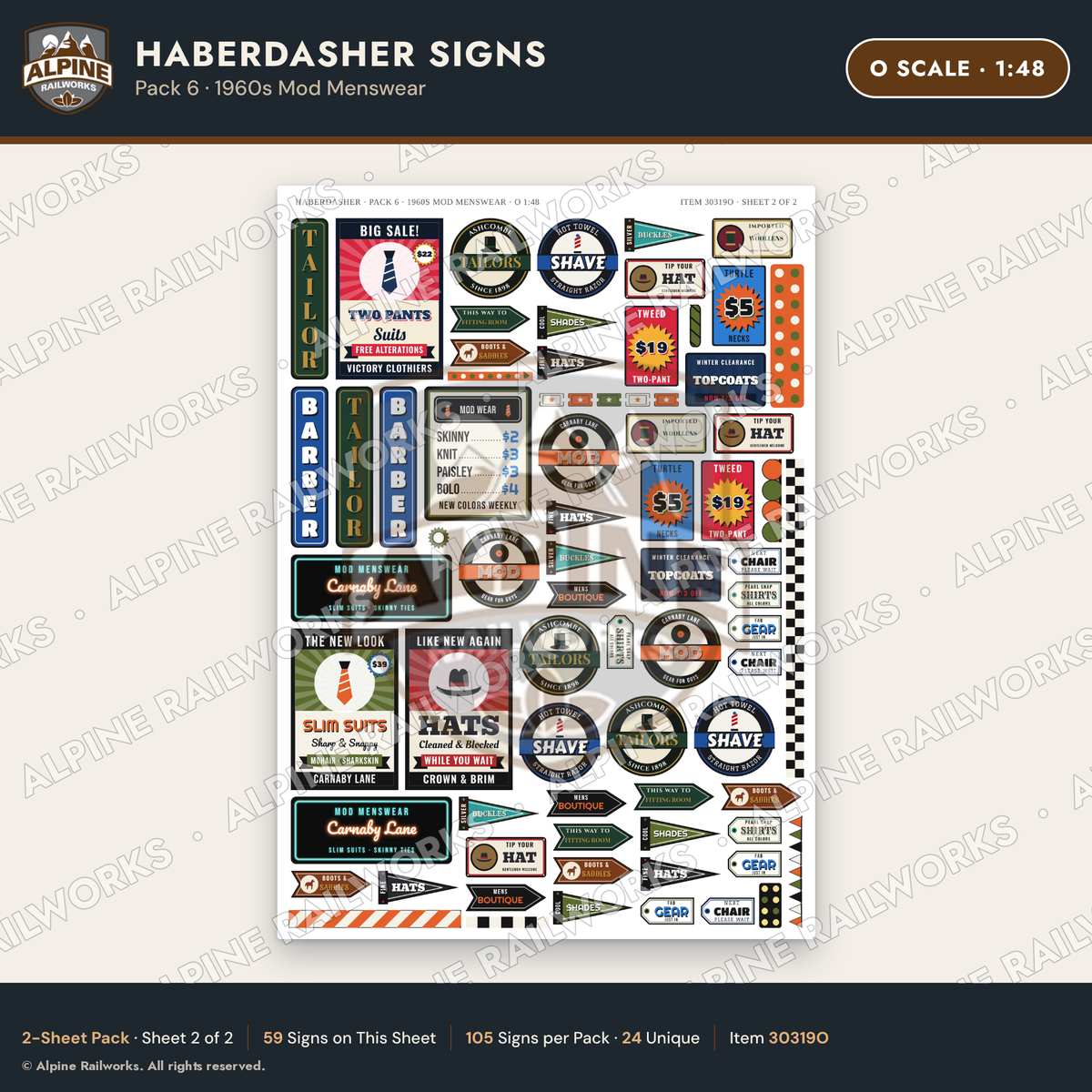 Alpine Railworks 30319O O Scale Haberdasher Signs - 1960s Mod Menswear