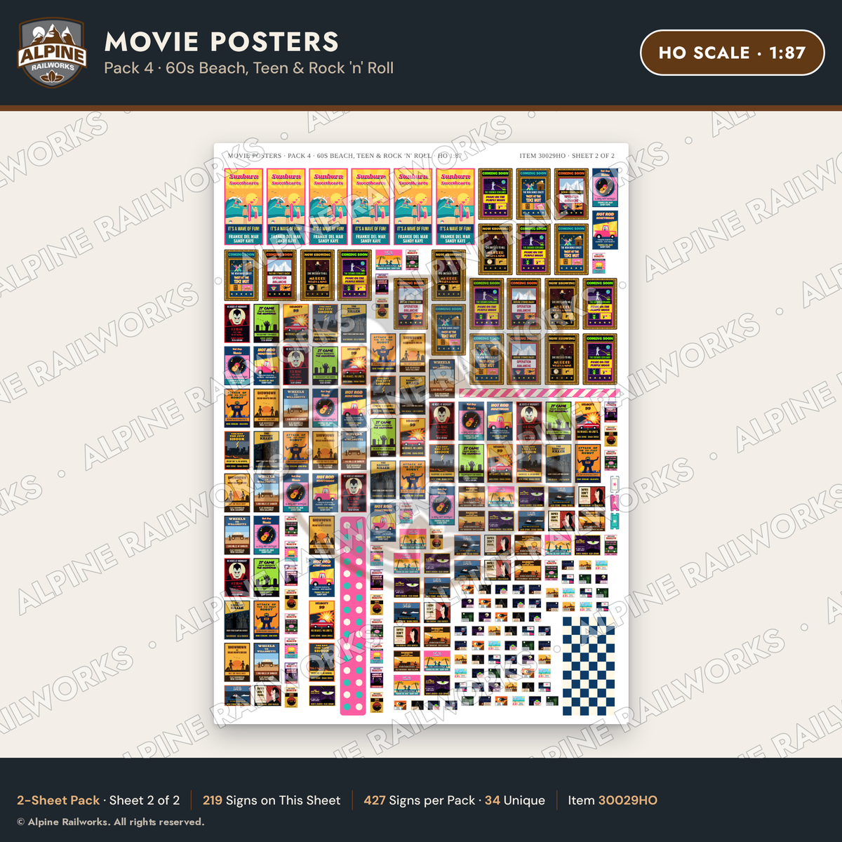 Alpine Railworks 30029HO HO Scale Movie Posters - 60s Beach & Teen