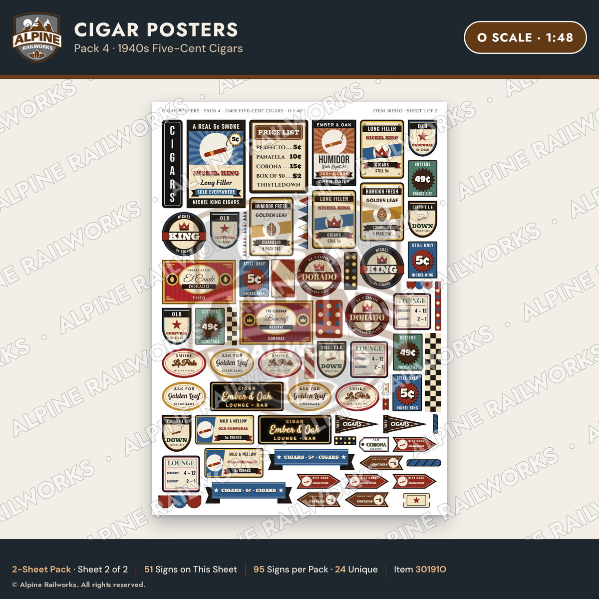 Alpine Railworks 30191O O Scale Cigar Posters - 1940s Five-Cent Cigars
