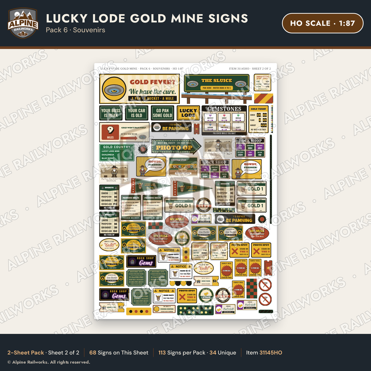 Alpine Railworks 31145HO HO Scale Roadside Signs - Gold Panning Mine