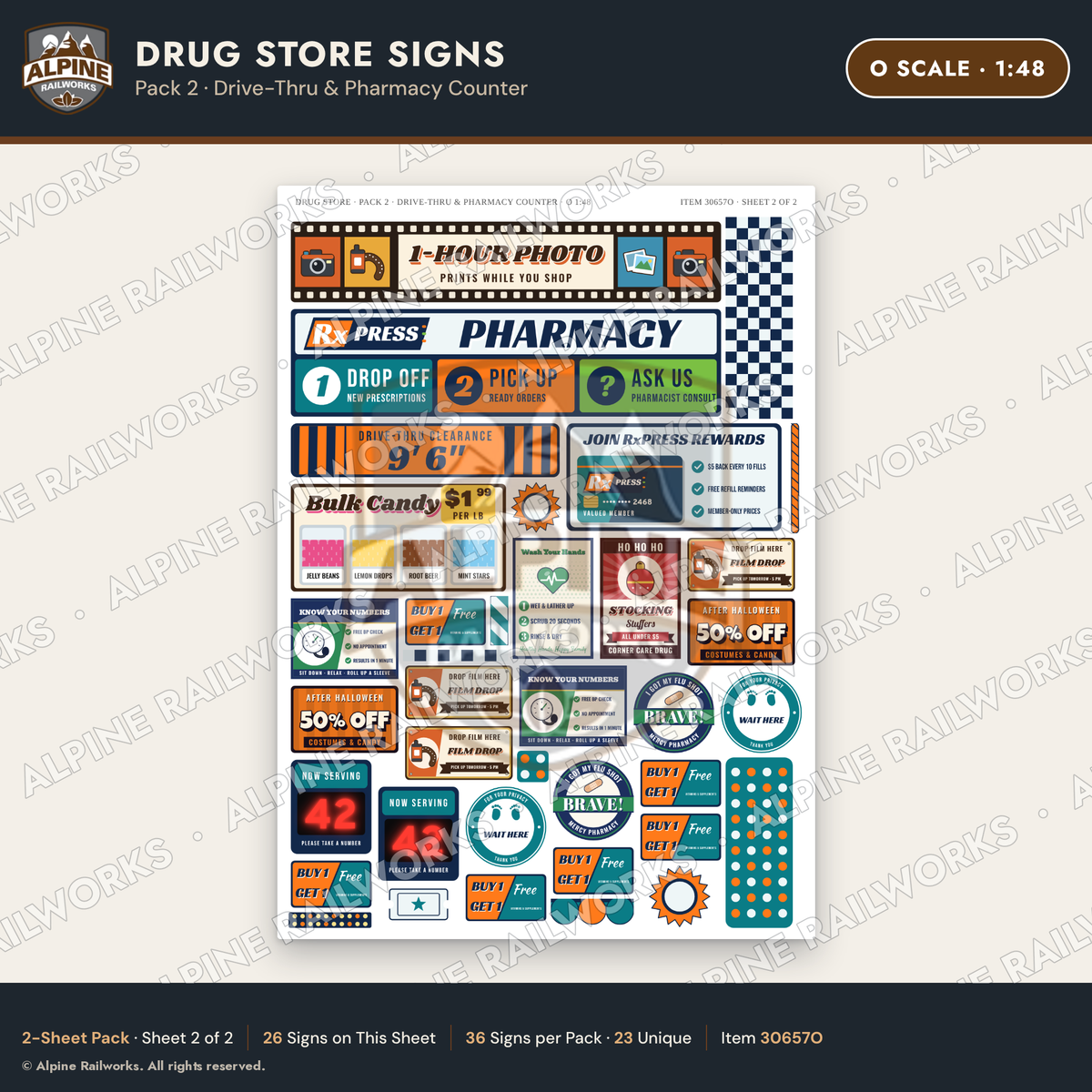 Alpine Railworks 30657O O Scale Drug Store Signs - Drive-Thru