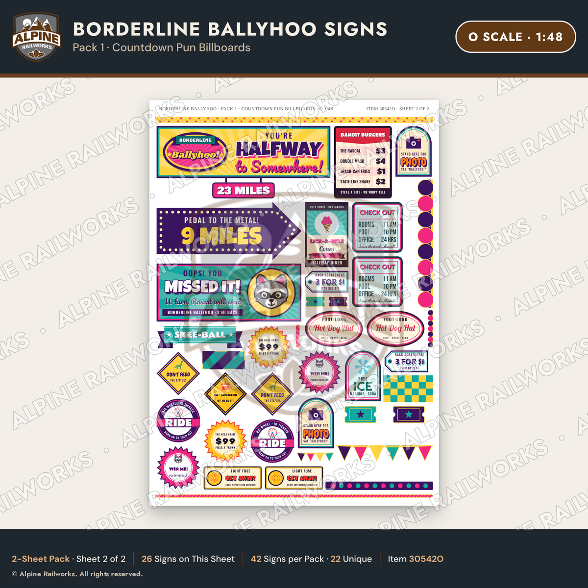 Alpine Railworks 30542O O Scale Roadside Signs - Border Tourist Stop