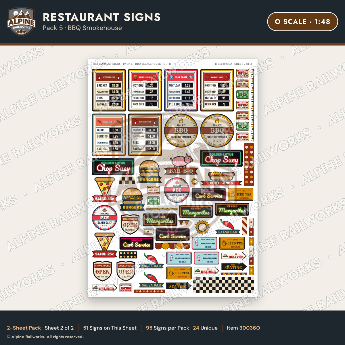 Alpine Railworks 30036O O Scale Restaurant Signs - BBQ Smokehouse