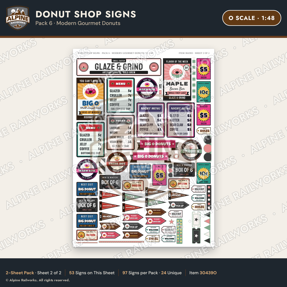Alpine Railworks 30439O O Scale Donut Shop Signs