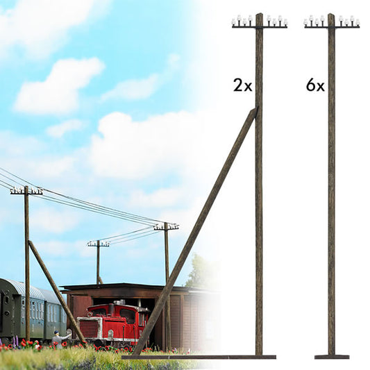 Busch 1499 HO Scale Real-Wood Telegraph/Telephone Poles -- 6 Standard Masts, 2 Masts w/Angled Support Pole