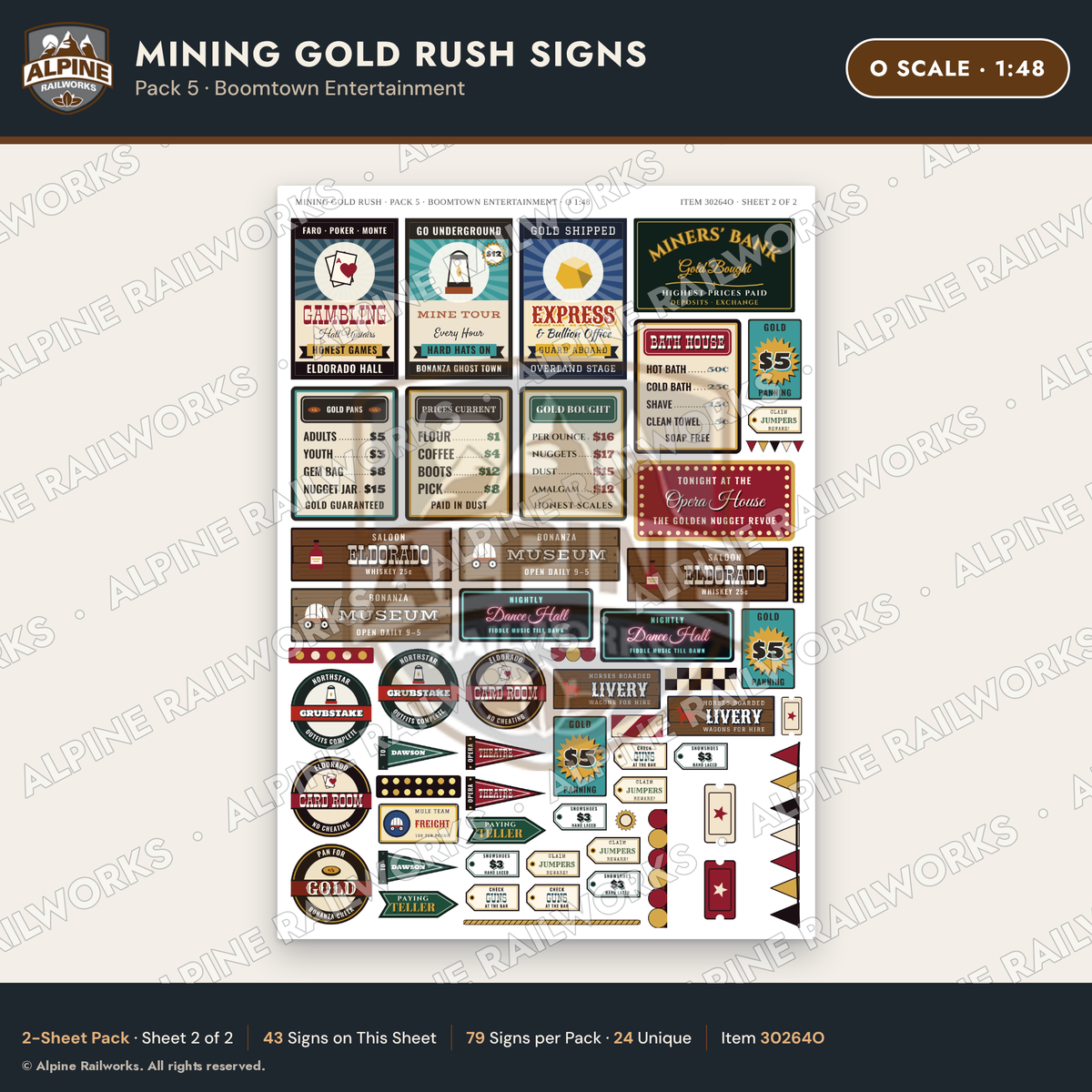 Alpine Railworks 30264O O Scale Mining Gold Rush Signs