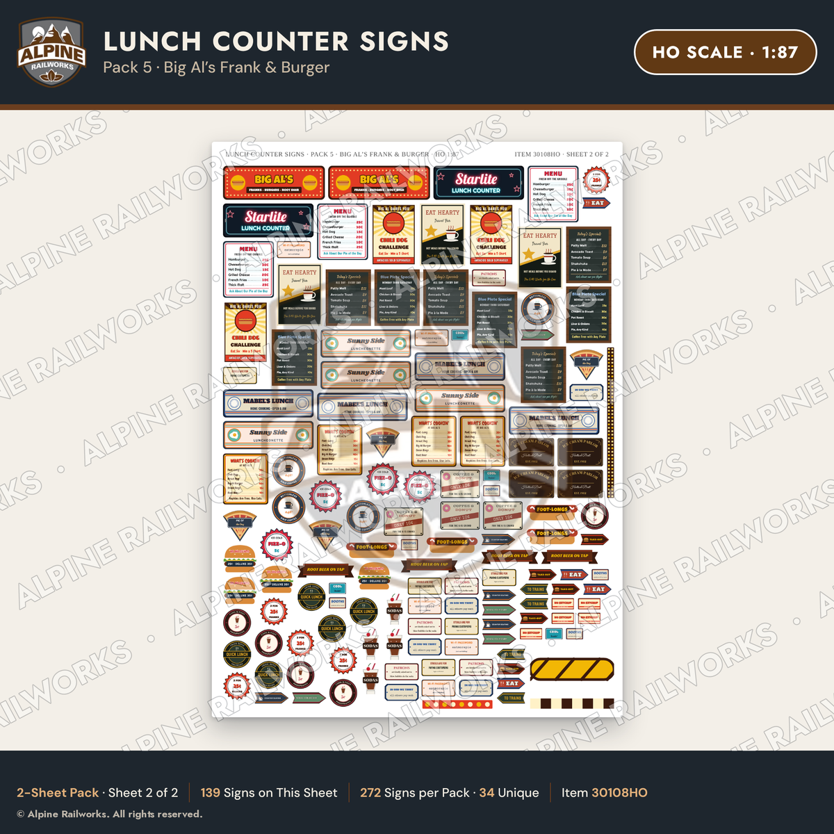 Alpine Railworks 30108HO HO Scale Lunch Counter Signs - Big Al's Frank