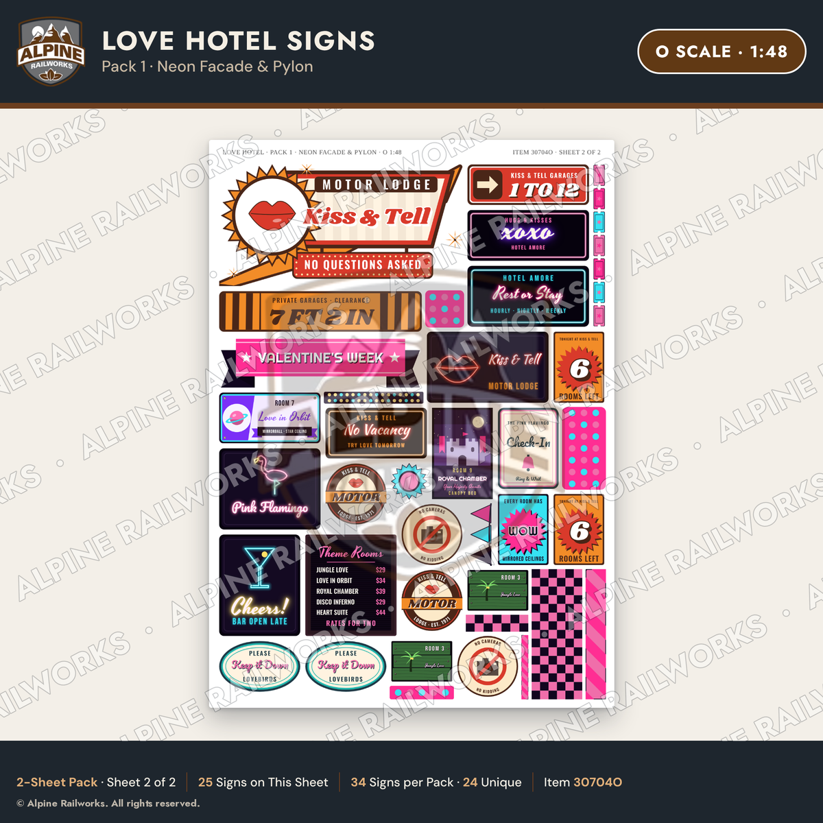 Alpine Railworks 30704O O Scale Love Hotel Signs - Neon Facade & Pylon