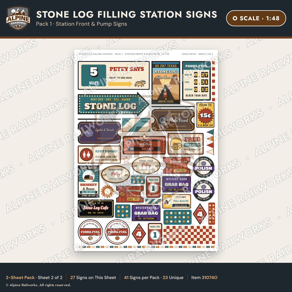 Alpine Railworks 31074O O Scale Roadside Signs - Petrified Wood
