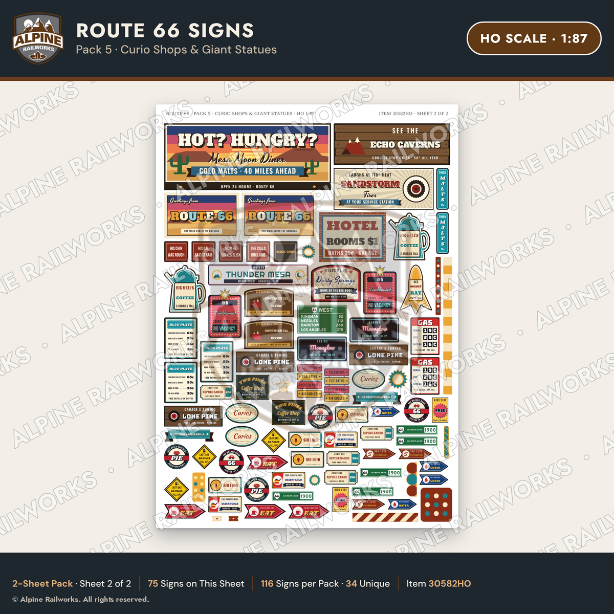 Alpine Railworks 30582HO HO Scale Route 66 Highway Signs - Curio Shops
