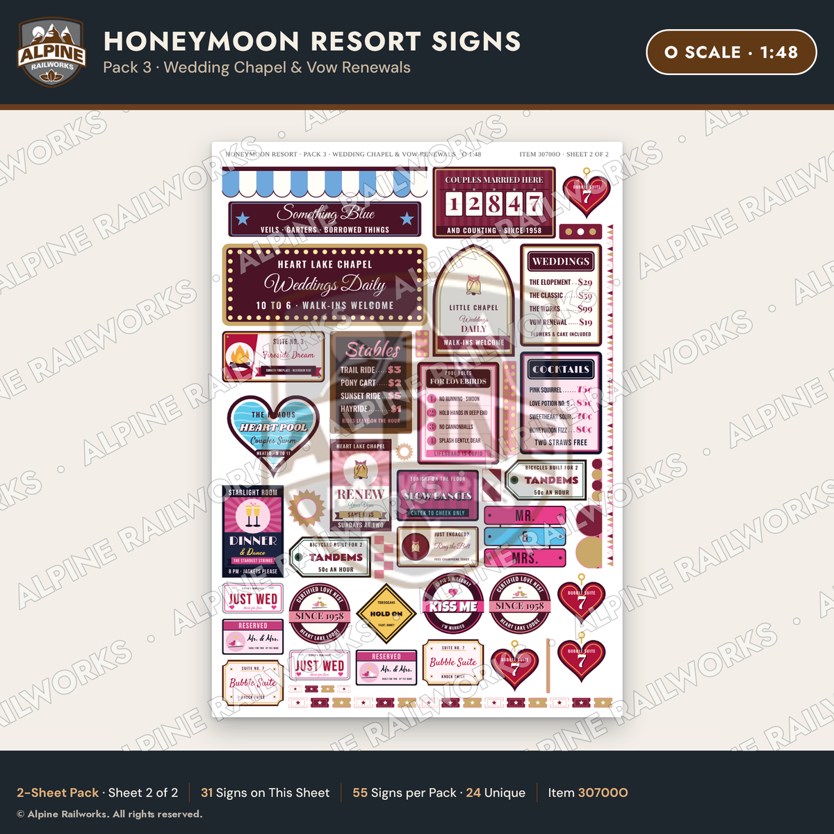 Alpine Railworks 30700O O Scale Honeymoon Resort Signs