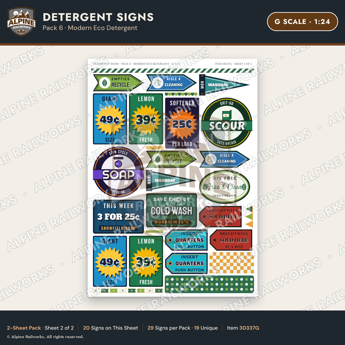 Alpine Railworks 30337G G Scale Detergent Signs - Modern Eco Detergent