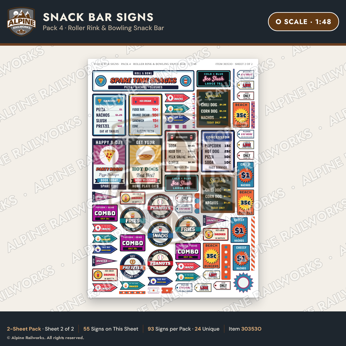 Alpine Railworks 30353O O Scale Snack Bar Signs - Roller Rink