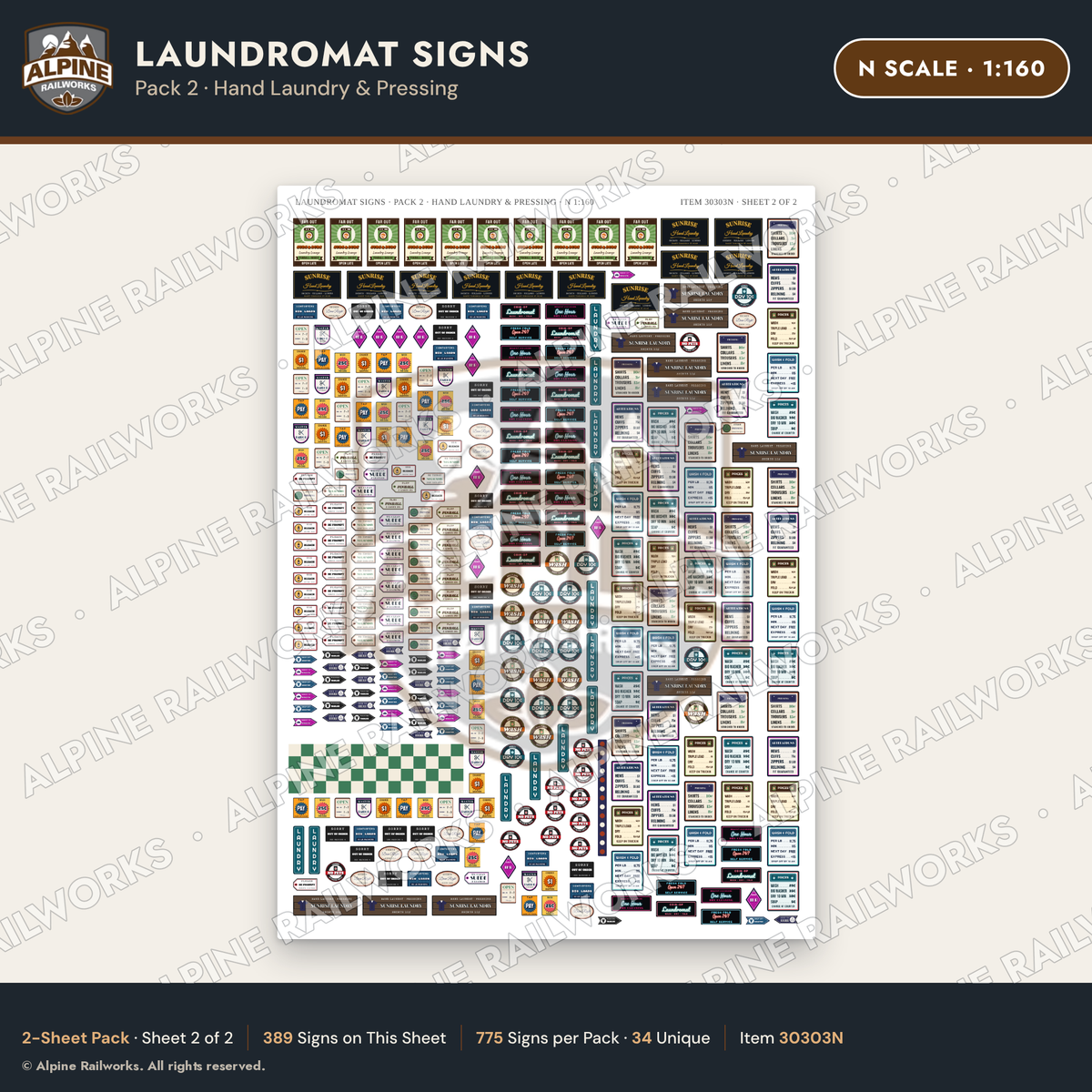 Alpine Railworks 30303N N Scale Laundromat Signs - Hand Laundry