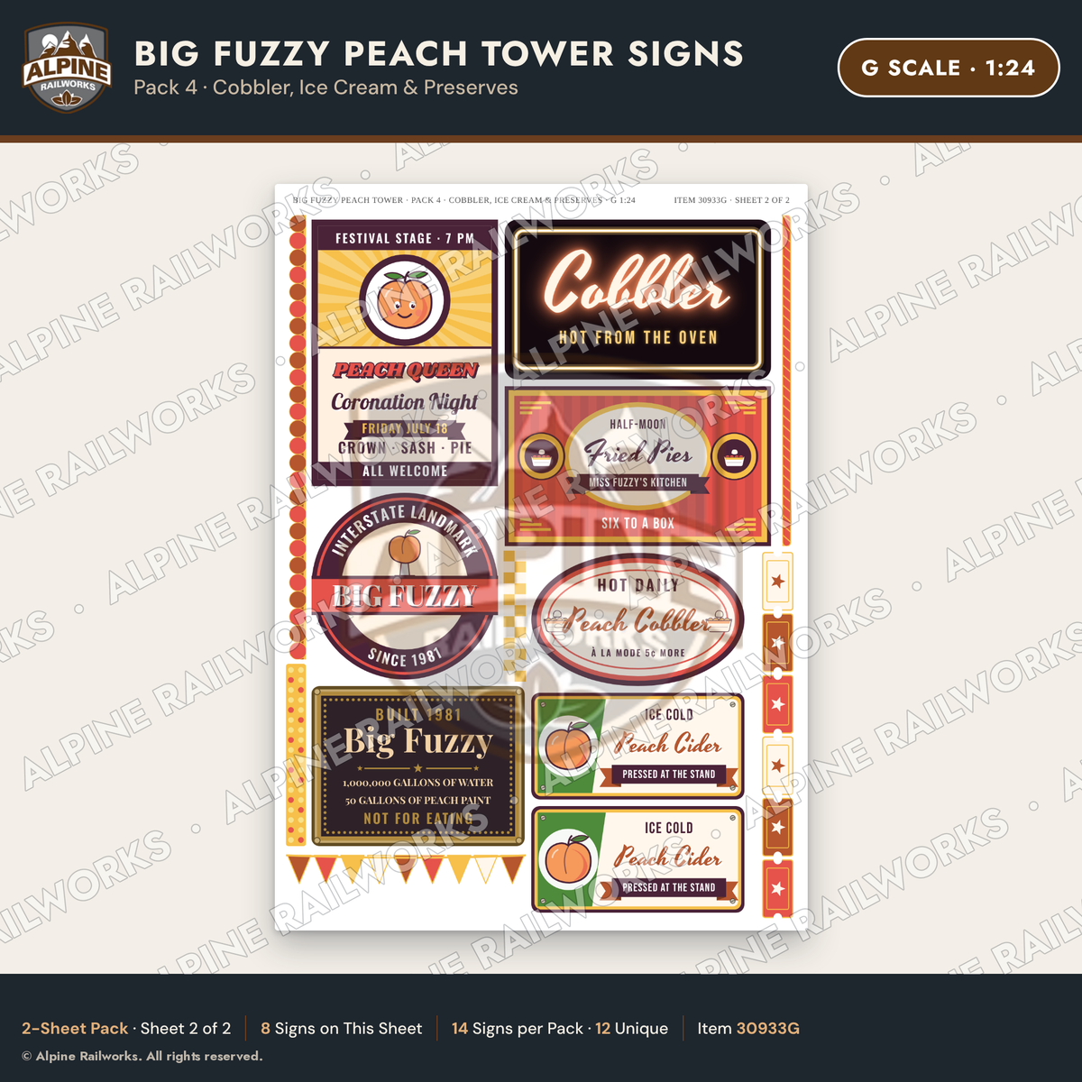 Alpine Railworks 30933G G Scale Roadside Signs - Peach Water Tower