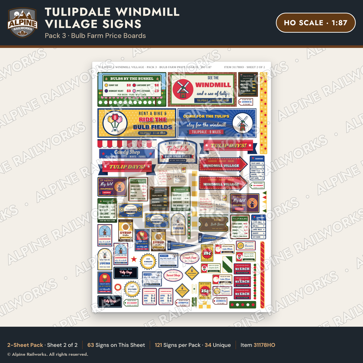 Alpine Railworks 31178HO HO Scale Roadside Signs - Windmill Village