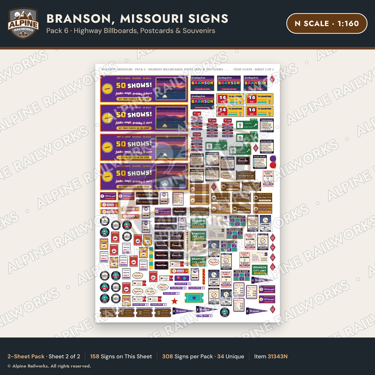 Alpine Railworks 31343N N Scale Branson MO Signs - Billboards