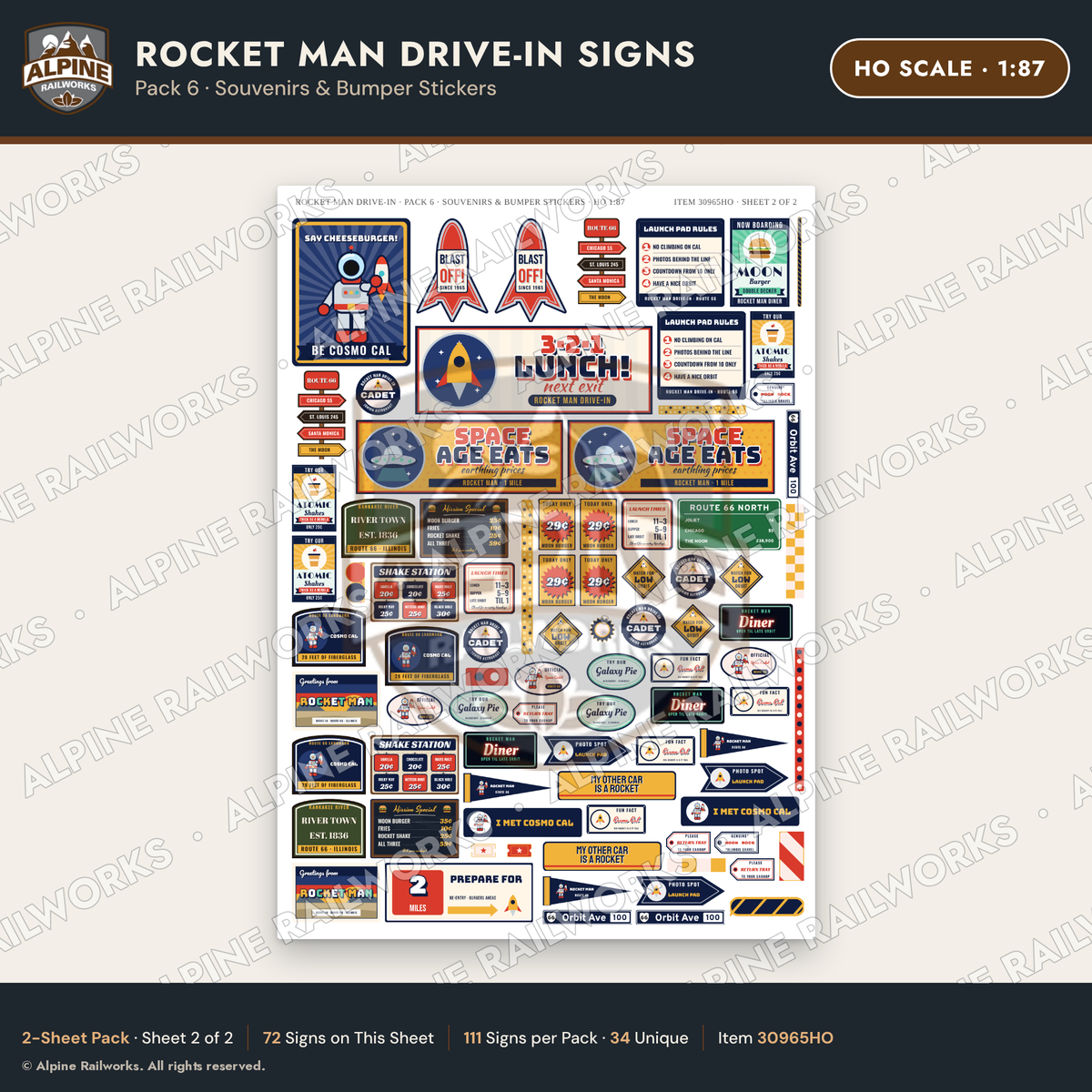 Alpine Railworks 30965HO HO Scale Roadside Signs - Spaceman Drive-In