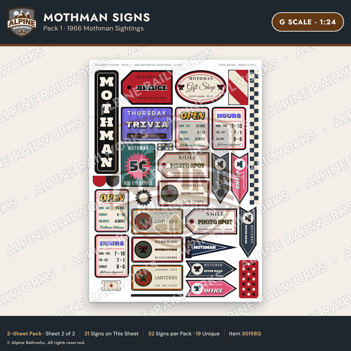 Alpine Railworks 30158G G Scale Mothman Signs - 1966 Mothman Sightings