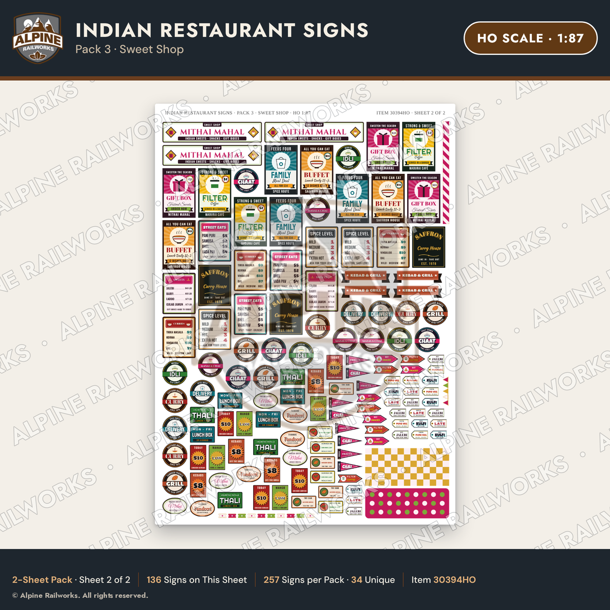 Alpine Railworks 30394HO HO Scale Indian Restaurant Signs - Sweet Shop