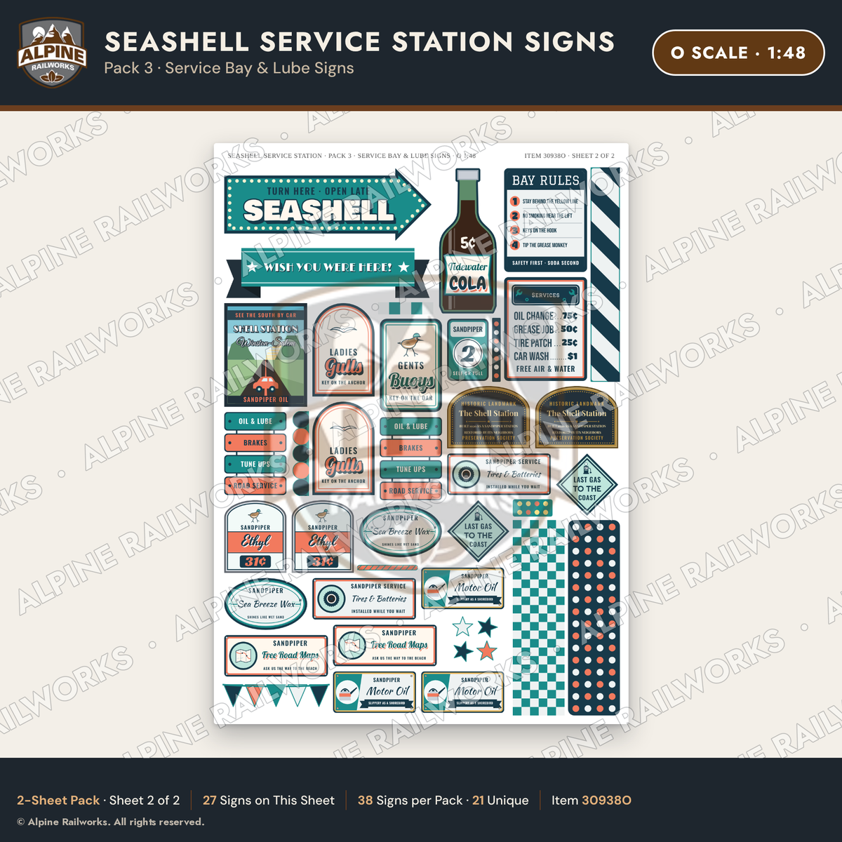Alpine Railworks 30938O O Scale Roadside Signs - Seashell Gas Station