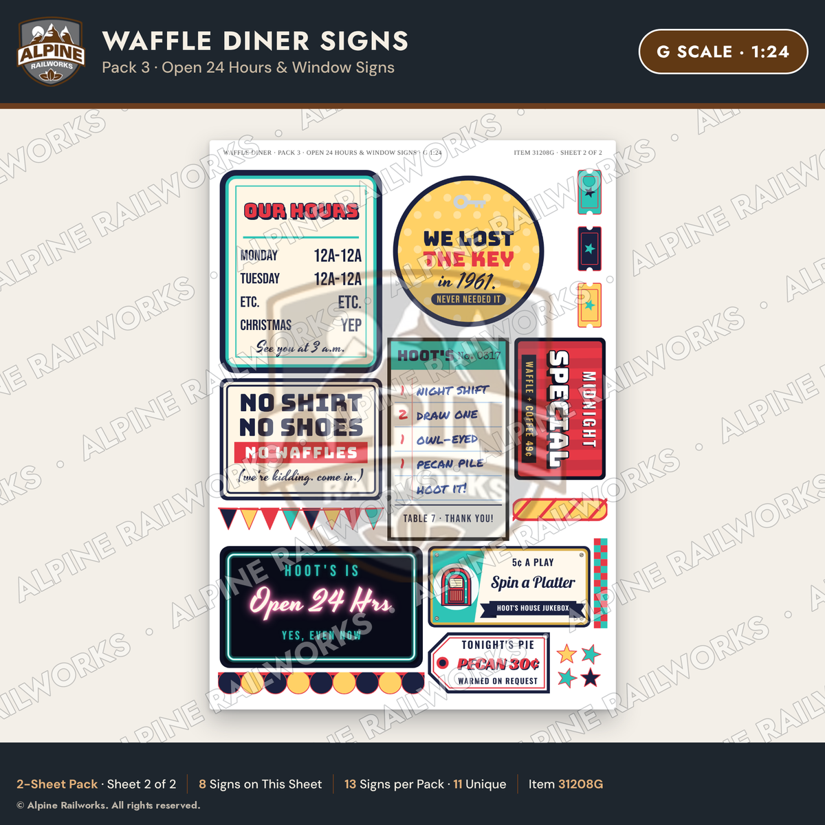 Alpine Railworks 31208G G Scale Waffle Diner Signs - Open 24 Hours