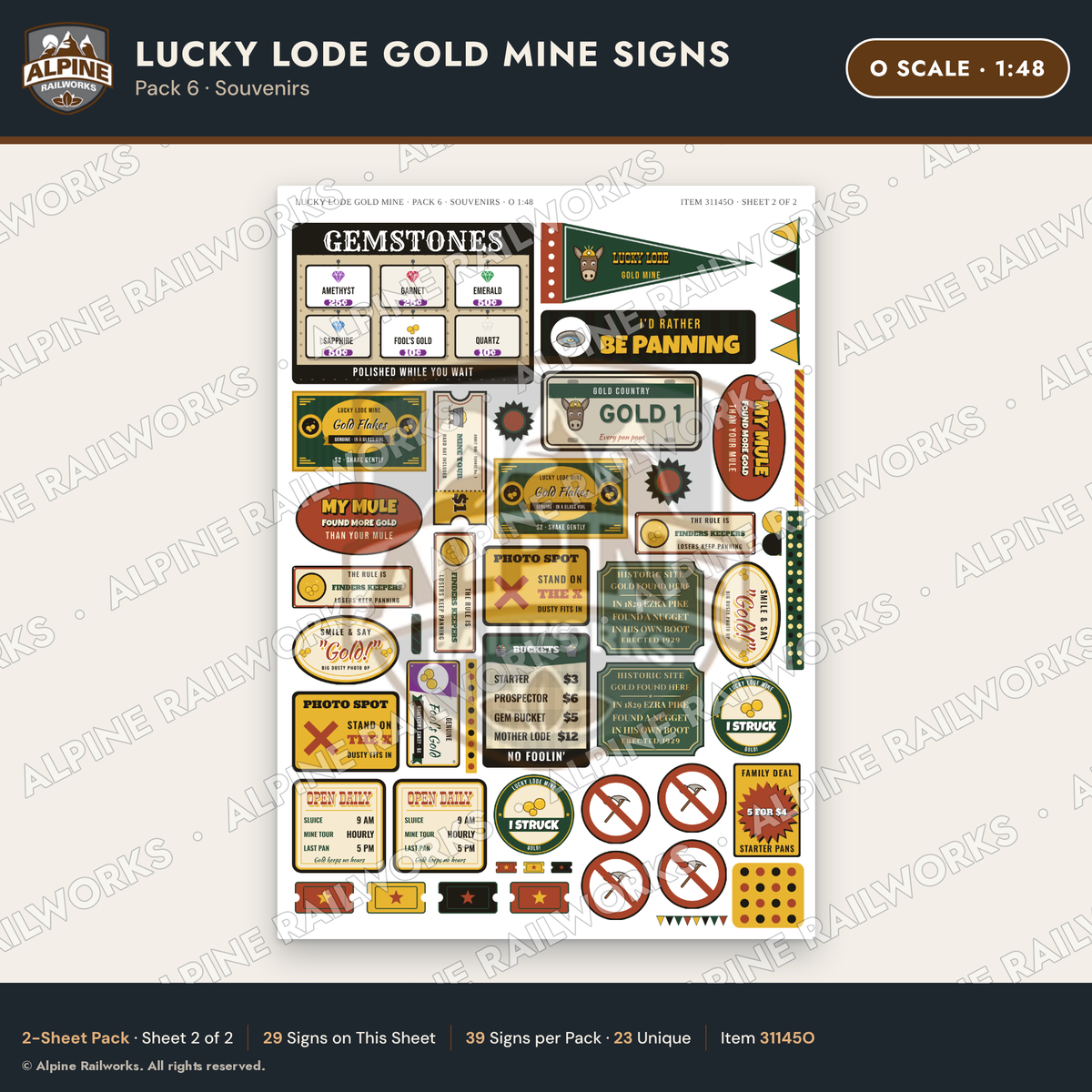 Alpine Railworks 31145O O Scale Roadside Signs - Gold Panning Mine