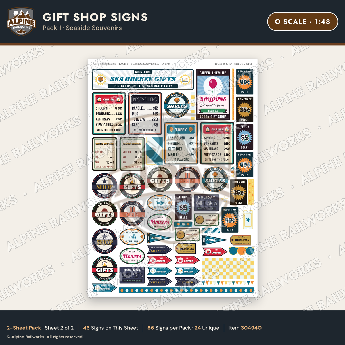 Alpine Railworks 30494O O Scale Gift Shop Signs - Seaside Souvenirs