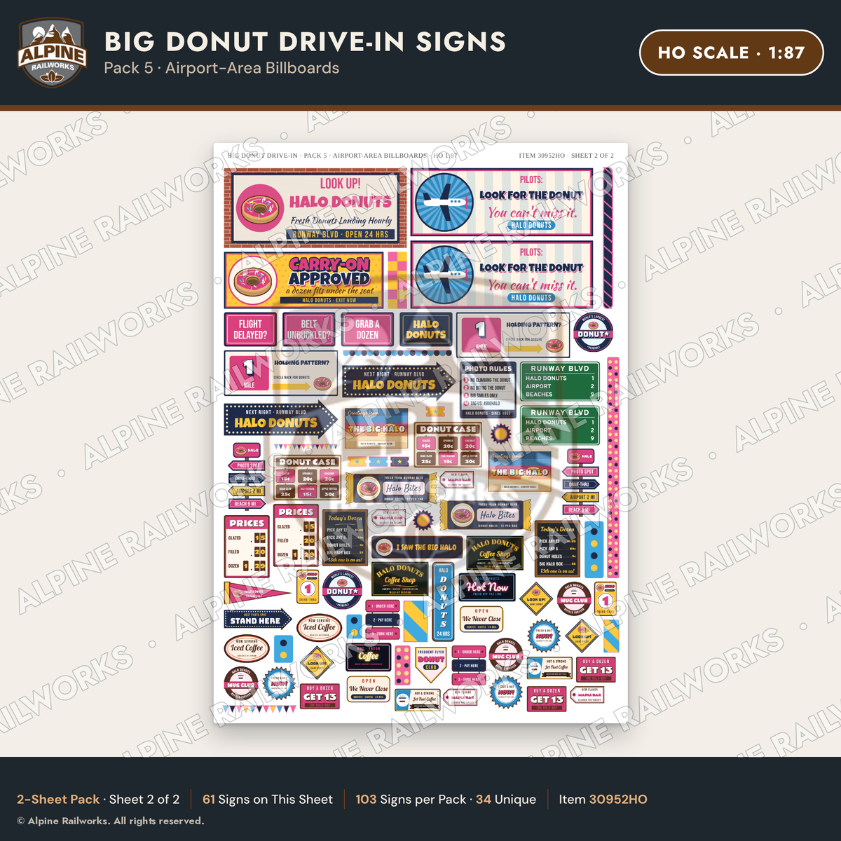 Alpine Railworks 30952HO HO Scale Roadside Signs - Giant Donut Shop