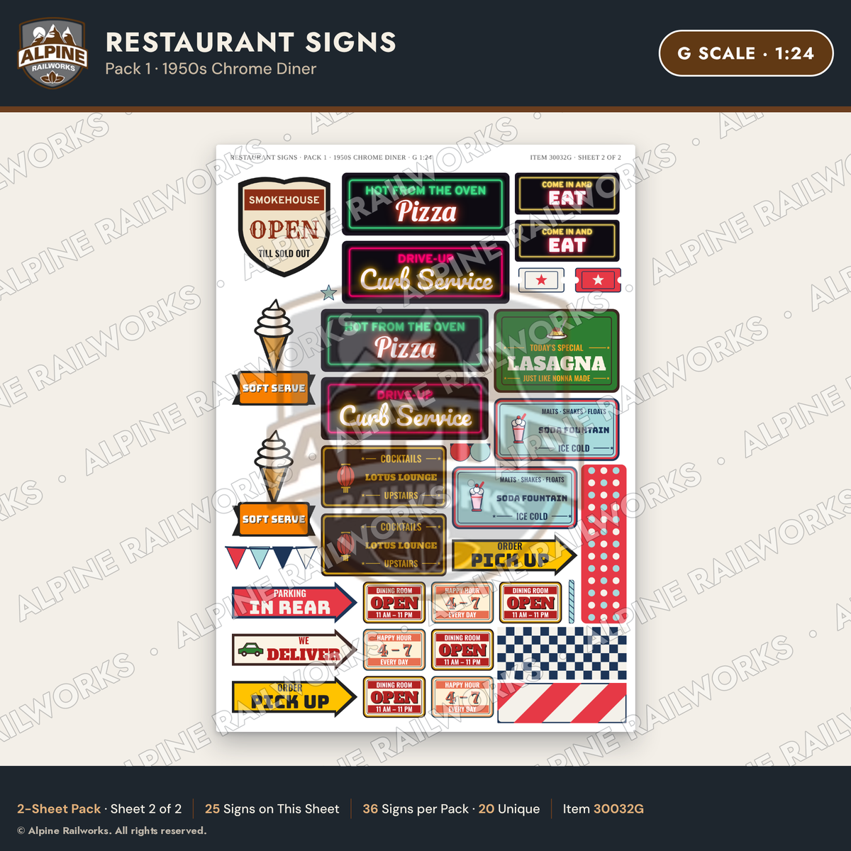 Alpine Railworks 30032G G Scale Restaurant Signs - 1950s Chrome Diner