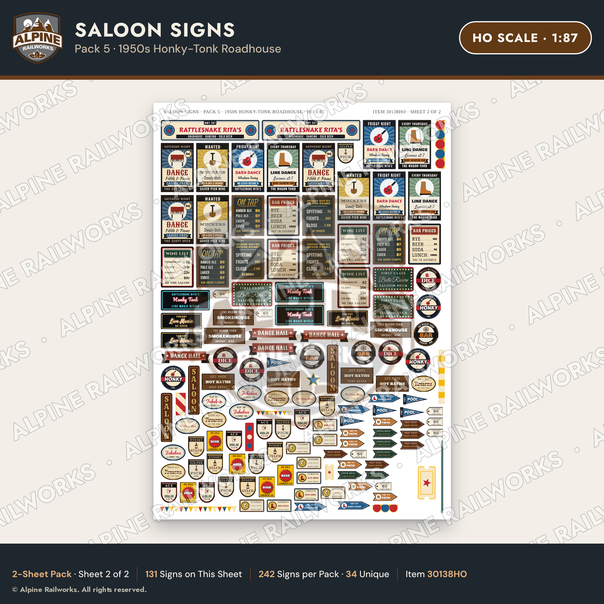 Alpine Railworks 30138HO HO Scale Saloon Signs - Honky-Tonk Roadhouse