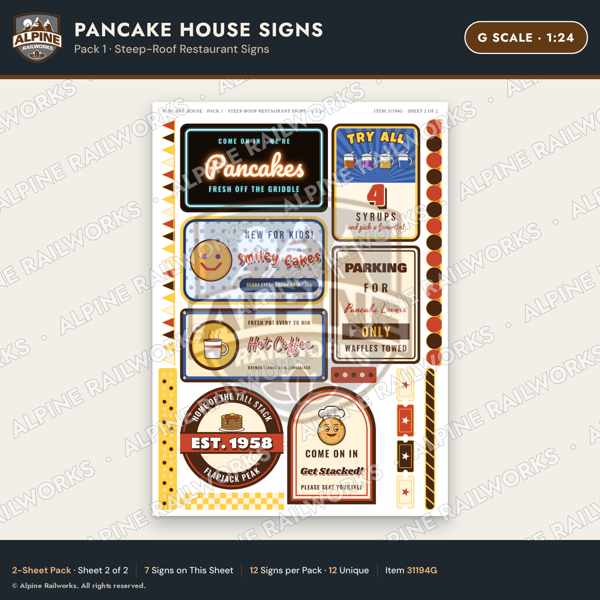 Alpine Railworks 31194G G Scale Pancake House Signs - Restaurant Front