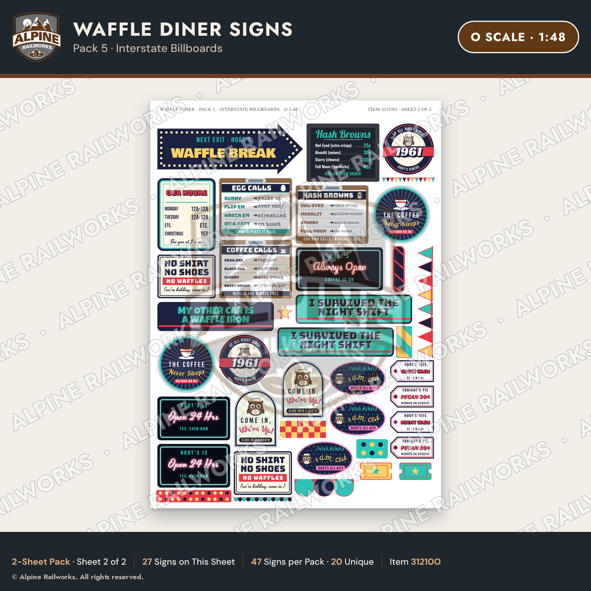 Alpine Railworks 31210O O Scale Waffle Diner Signs - Billboards