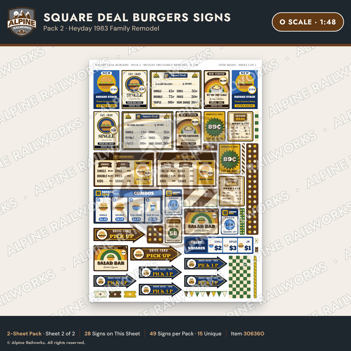 Alpine Railworks 30636O O Scale Fast Food Signs - Square Burgers