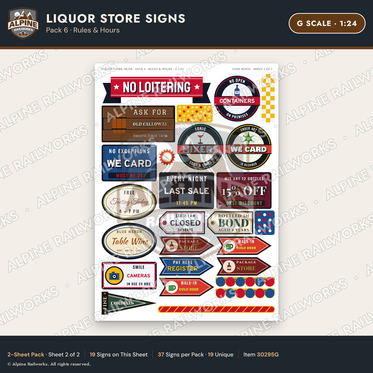 Alpine Railworks 30295G G Scale Liquor Store Signs - Rules & Hours