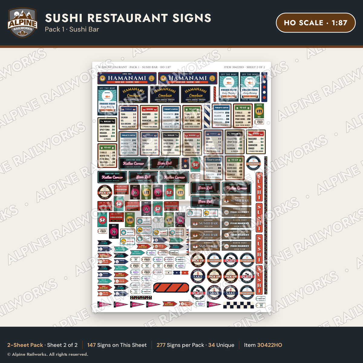 Alpine Railworks 30422HO HO Scale Sushi Restaurant Signs - Sushi Bar