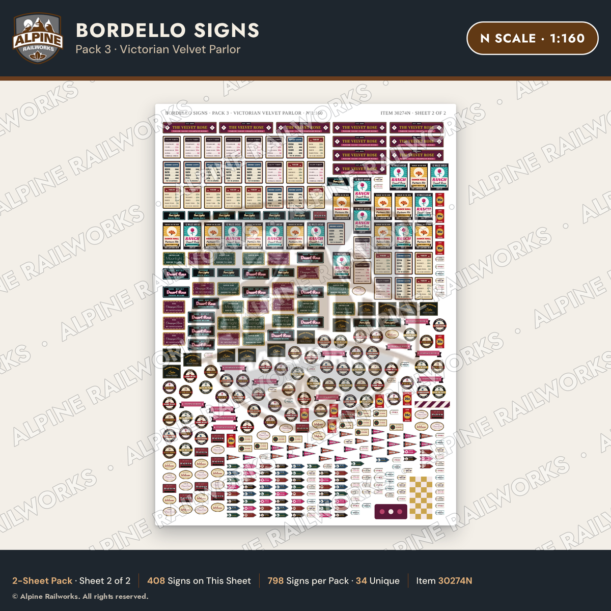 Alpine Railworks 30274N N Scale Bordello Signs