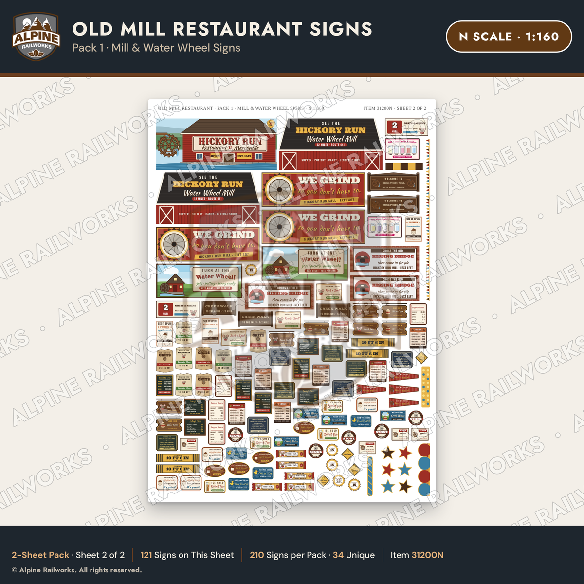 Alpine Railworks 31200N N Scale Old Mill Signs - Mill & Water Wheel