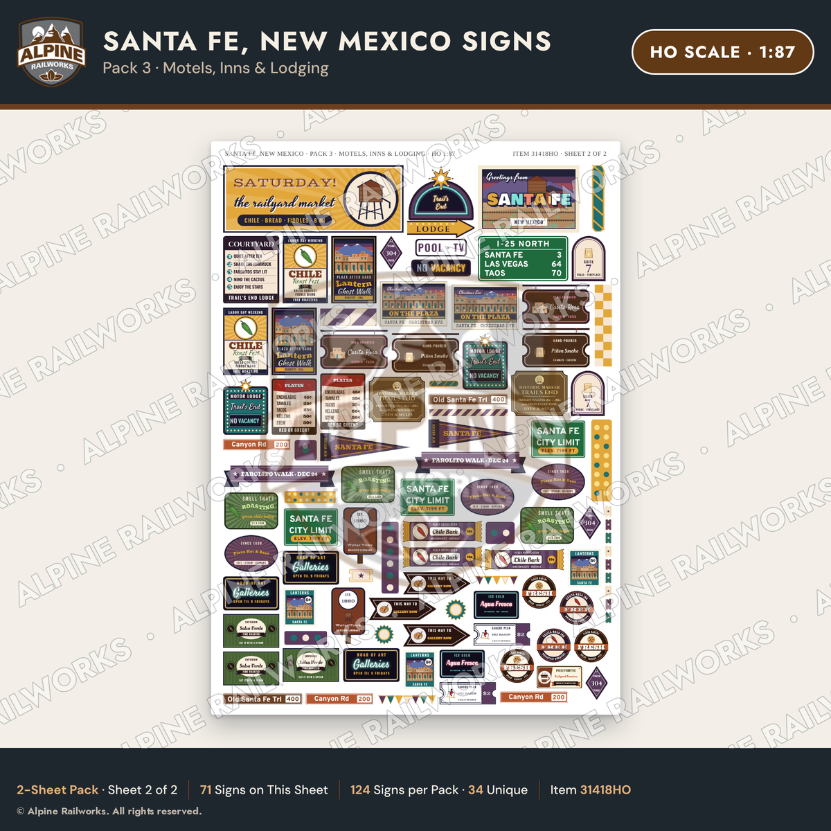Alpine Railworks 31418HO HO Scale Santa Fe NM Signs - Motels & Inns